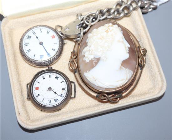 A silver fob watch, a silver wrist watch, a silver curblink bracelet and a cameo brooch.